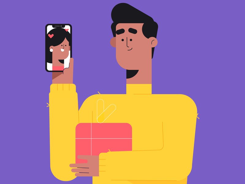 Ilustração de homem fazendo ligação de vídeo com uma mulher pelo celular.