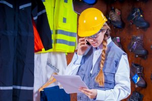 Mulher com equipamentos de segurança segurando um papel e falando no telefone.