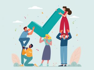 Ilustração de trabalhadores festejando e segurando um sinal de aprovação.