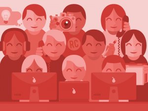 Ilustração de trabalhadores tirando foto em grupo.