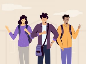 Ilustração de três estudantes caminhando e acenando.