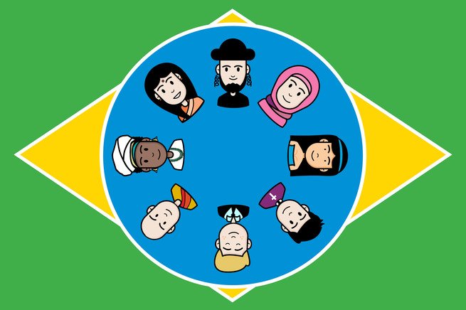Bandeira do brasil ilustrada com pessoas de diferentes religiões.