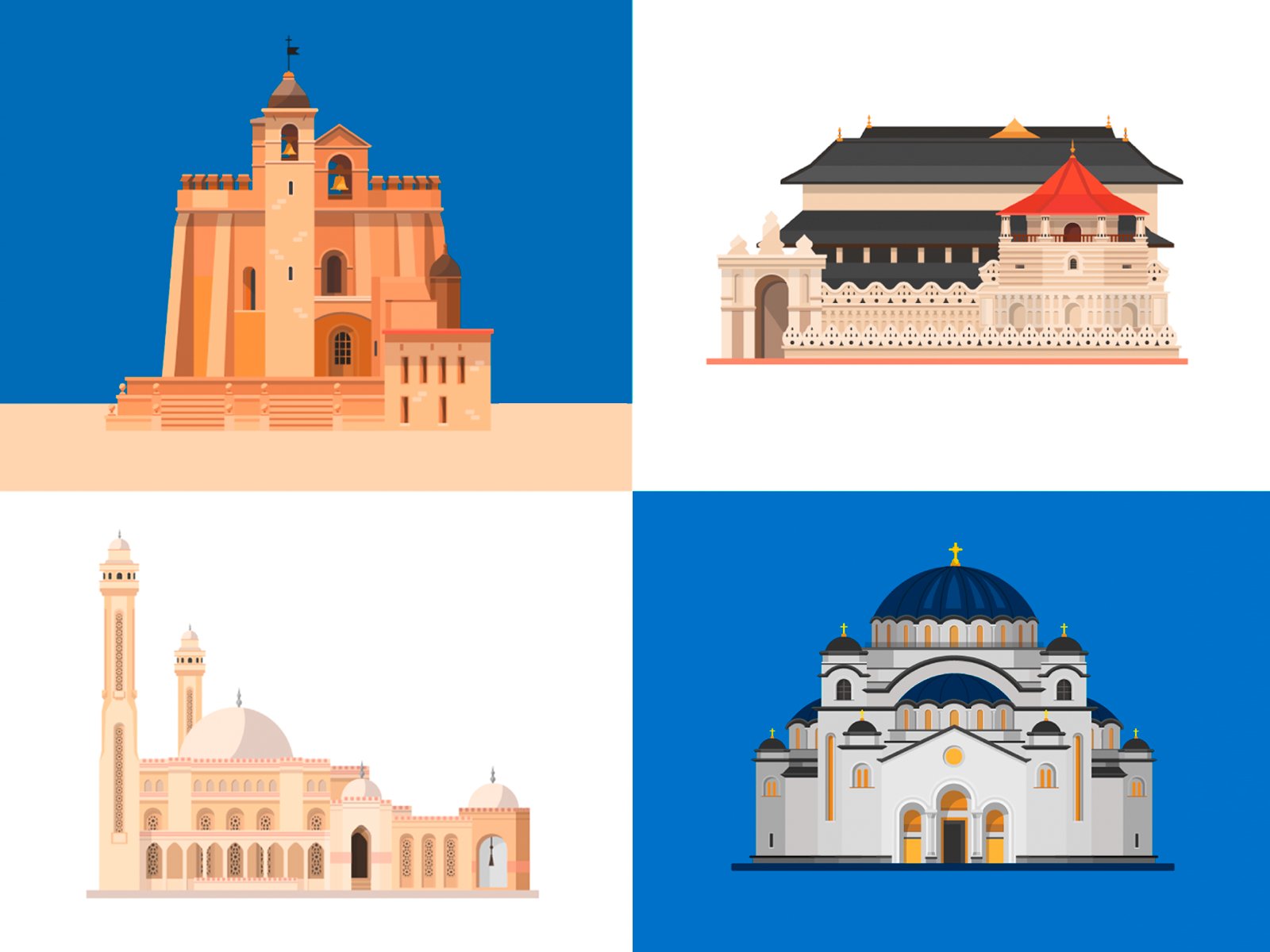 Ilustração de diferentes templos ao redor do mundo.
