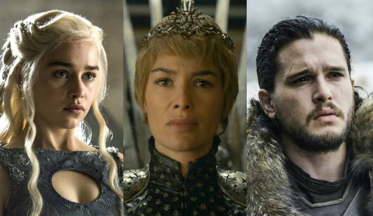 Foto dos personagens Jon Snow, Cersei e Daenerys