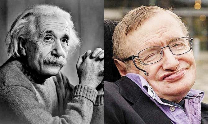 Fotografias de Albert Einstein e Stephen Hawking.