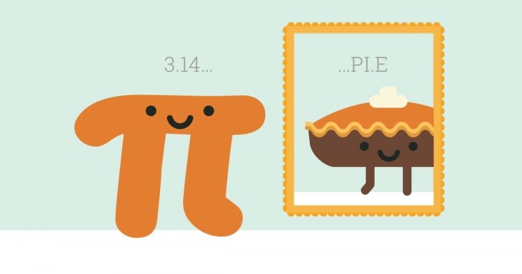 Ilustração de Pi em frente ao espelho, refletindo uma torta.