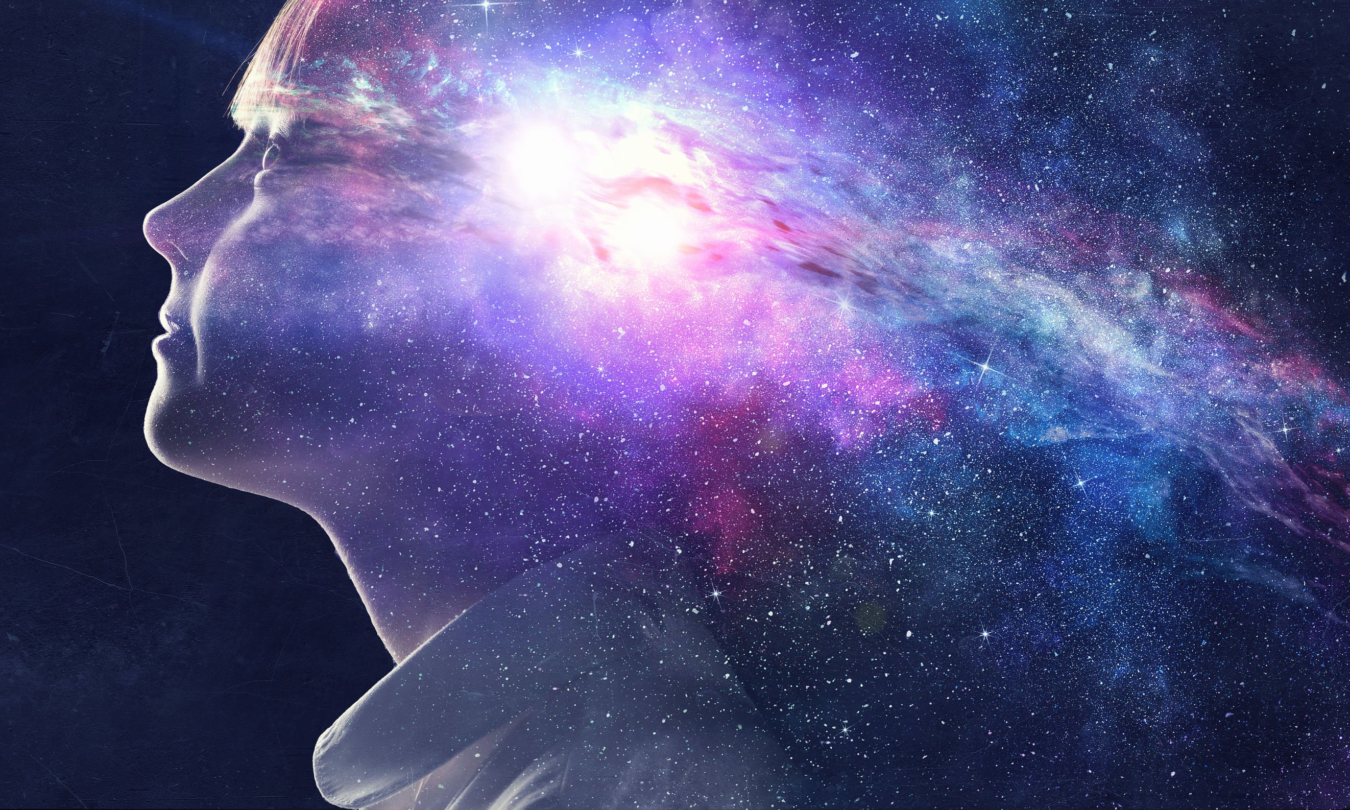 Desenho de pessoa gigante no espaço, com uma nebulosa saindo da cabeça dela.