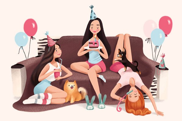 Imagens de amigas e seus pets dando uma festa de aniversário no sofá.