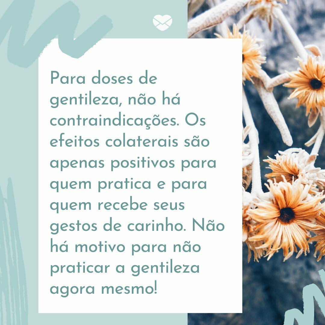 'Para doses de gentileza, não há contraindicações. Os efeitos colaterais são apenas positivos para quem pratica e para quem recebe seus gestos de carinho. Não há motivo para não praticar a gentileza agora mesmo!' -O mundo precisa de gentileza