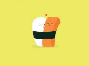 Dribbble Ilustração de arroz e peixe abraçados em um sashimi.