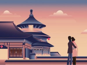 Dribbble Ilustração de um casal abraçado em Beijing, China.