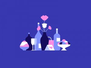 Dribbble Ilustração de vinho e alimentos em uma mesa sobre fundo azul.