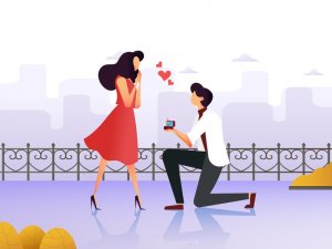 Dribbble Ilustração de um homem pedindo uma mulher de vestido vermelho em casamento.