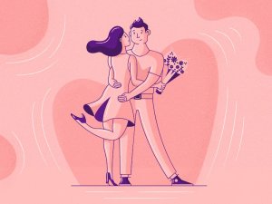 Dribbble Ilustração de um casal abraçado sobre fundo rosa.