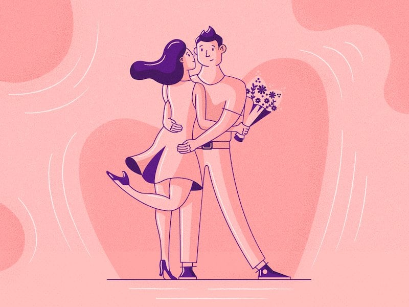 Ilustração de um casal abraçado sobre fundo rosa.