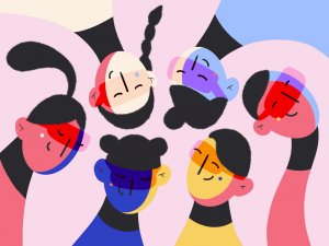 Dribbble Ilustração de vários amigos olhando para baixo.