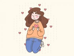 Dribbble Ilustração de uma menina envolta por vários corações.