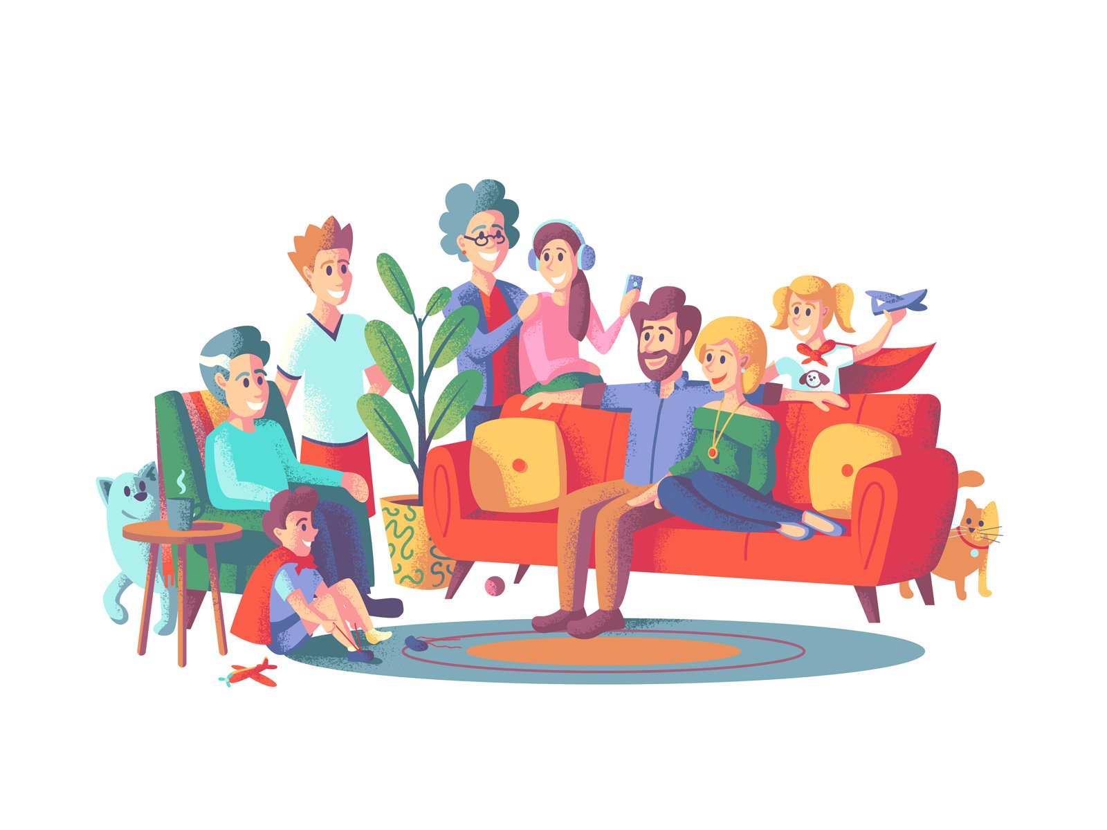 Ilustração de família reunida em um sofá