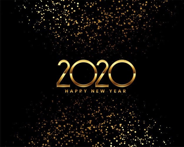 2020 com 'happy new year' (feliz ano novo, em inglês) e glitter dourado