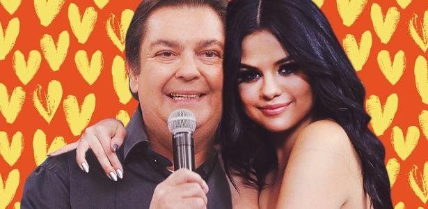 Montagem do apresentador Faustão abraçado com a cantora Selena Gomez