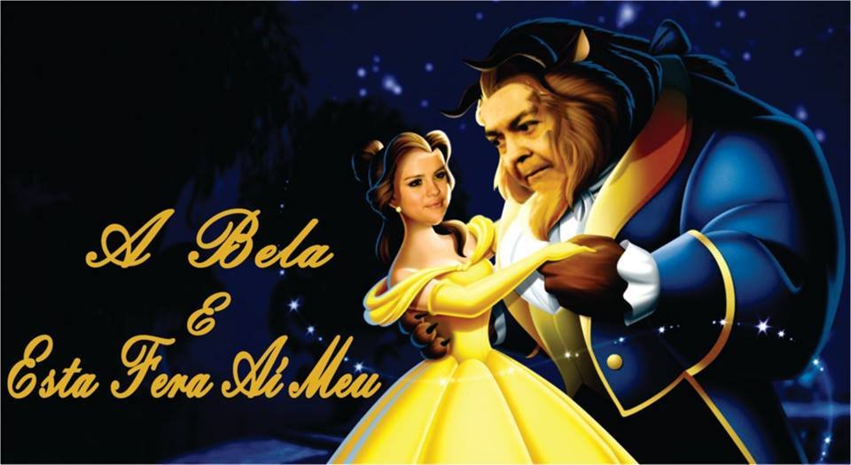 Montagem do desenho A Bela e a Fera com a cara do apresentador Faustão no corpo da Fera e a cara da cantora Selena Gomes no rosto da Bela