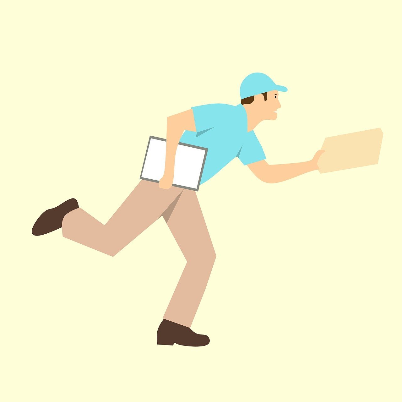 Desenho de carteiro com uniforme azul entregando um pacote.
