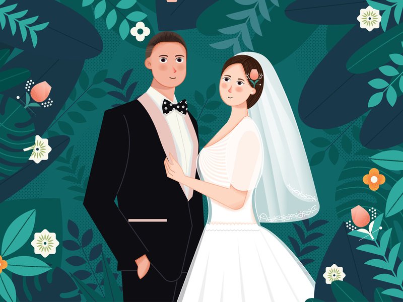 Ilustração de um casal de noivos em meio a plantas e flores.