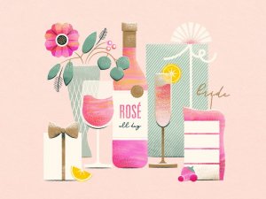 Ilustração de itens de festa de casamento, com bebidas, bolo, flores e presentes.