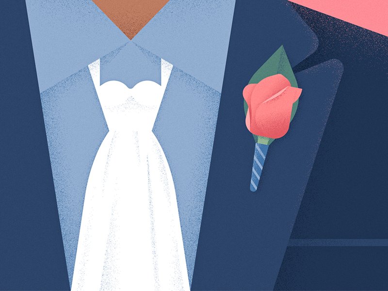 Ilustração de um vestido de noiva como gravata para as roupas do noivo.