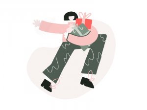 Ilustração de mulher segurando caixas de presente.