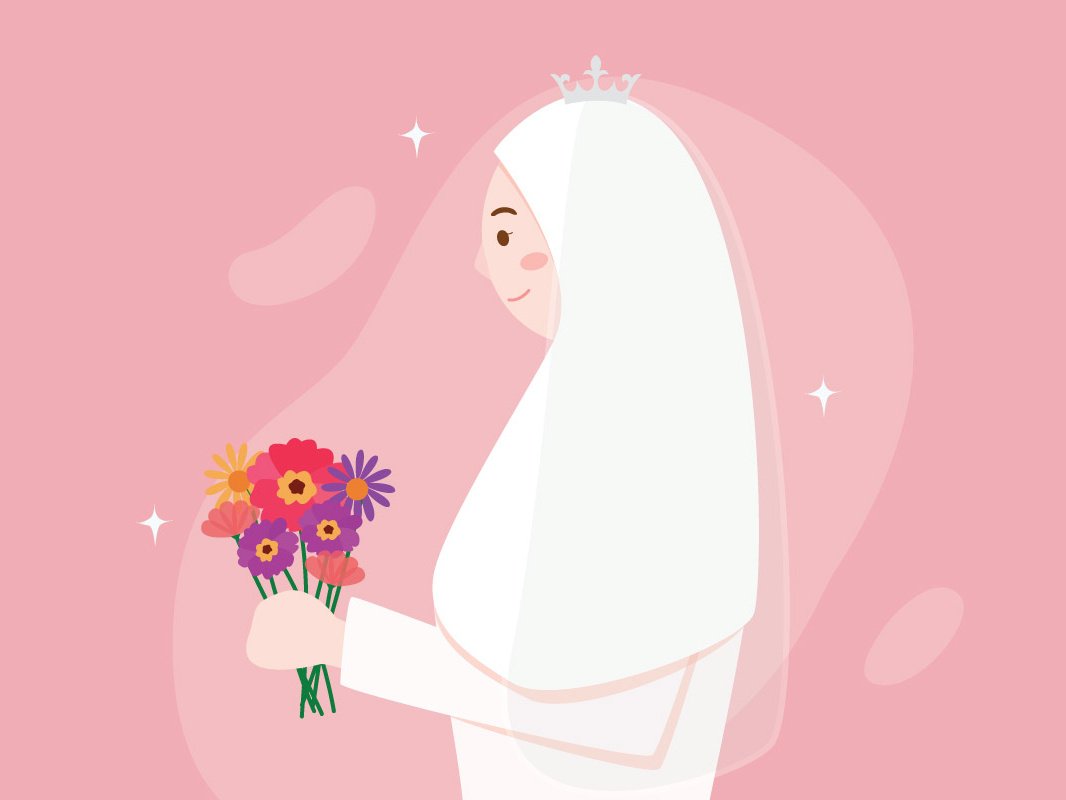 Ilustração de noiva muçulmana de perfil segurando um buquê.
