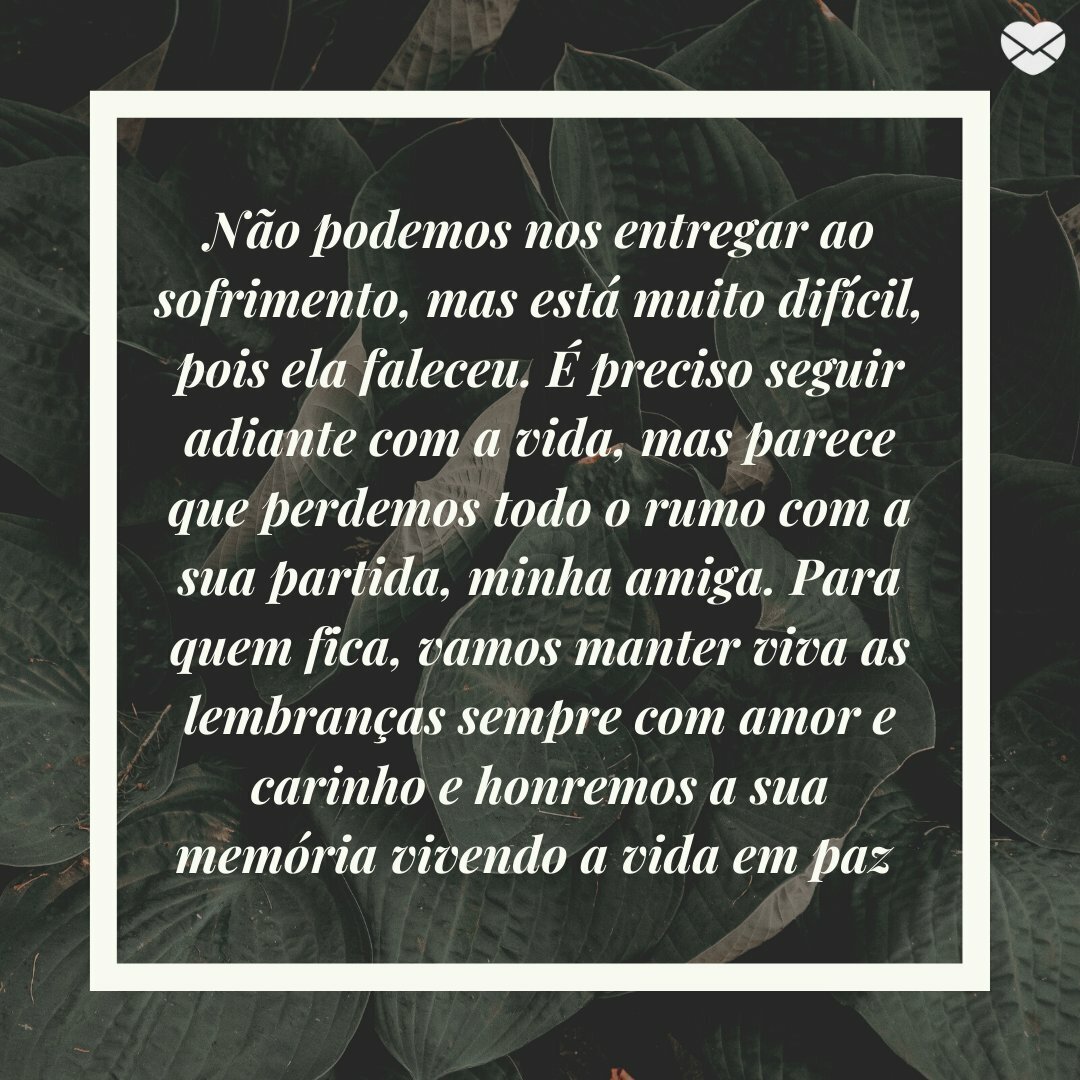 'Não podemos nos entregar ao sofrimento, mas está muito difícil, pois ela faleceu. É preciso seguir adiante com a vida, mas parece que perdemos todo o rumo com a sua partida, minha amiga. Para quem fica, vamos manter viva as lembranças sempre com amor e carinho e honremos a sua memória vivendo a vid