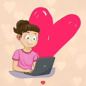 Mensagens com Amor Ilustração de uma menina com aparelho auditivo usando o computador