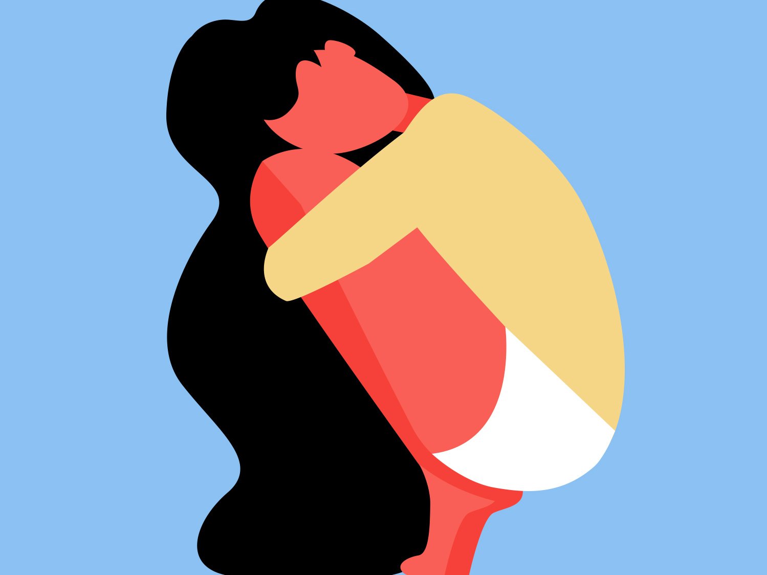 Ilustração de uma mulher agachada abraçando os joelhos.