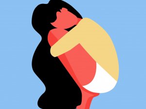 Dribbble - por Sofia Doudine Ilustração de uma mulher agachada abraçando os joelhos.