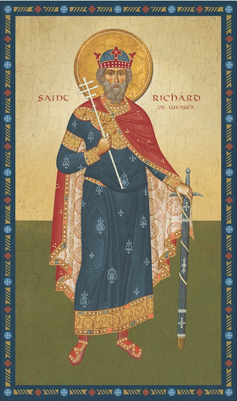 Imagem de São Ricardo com uma coroa, e segurando uma espada em sua mão esquerda.