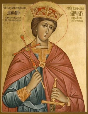 Saint Edward Brotherhood Imagem de São Ricardo usando uma coroa, capa vermelha, segurando uma cruz com sua mão direita e uma espada com sua mão esquerda.