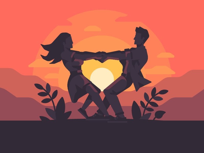 Ilustração de um casal de mãos dadas sobre o pôr do sol.