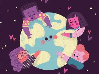 Ilustração de crianças abraçando o planeta Terra.