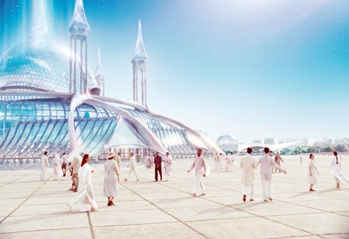 Cena do filme 'Nosso Lar' que mostra pessoas usando roupa branca, em uma cidade futurista, com prédios de vidro bem separados.