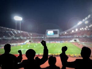 123rf. Torcedores com os braços para cima no estádio.
