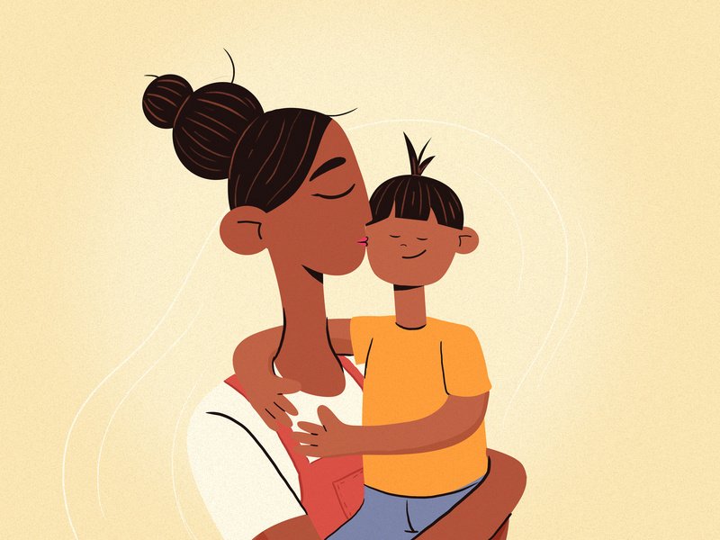 Ilustração de mãe segurando filho no colo e dando beijo no rosto