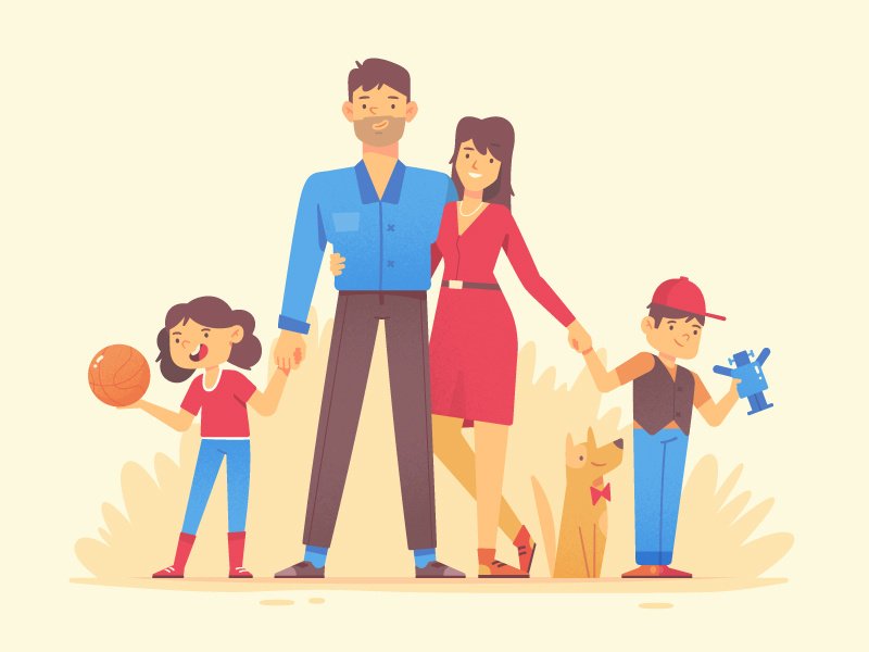 Ilustração de família com pai, mãe, filha e filho