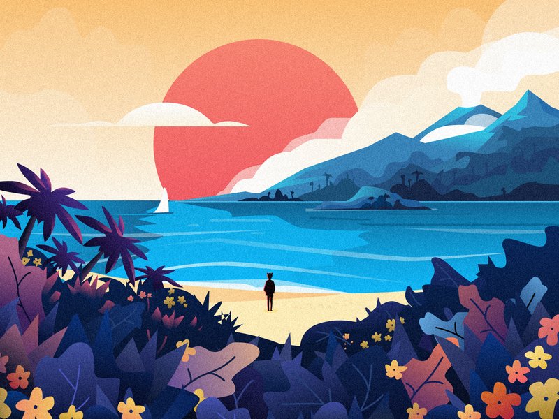Ilustração de praia em dia ensolarado com silhueta de pessoa olhando paisagem