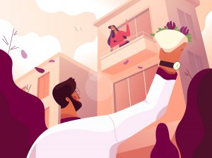 Dribbble Ilustração de homem com buquê de flores e mulher em varanda de casa acenando