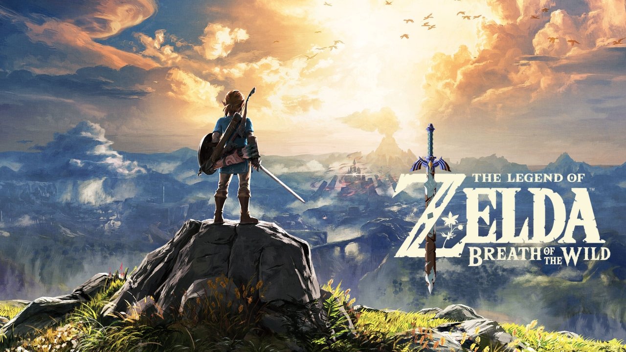 Capa do jogo 'The Legend of Zelda: Breath of the Wild' com link no topo de uma montanha, olhando o reino de Hyrule.