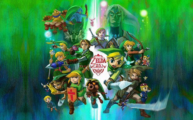 Montagem com várias versões do personagem Link dos diversos jogos de The Legends of Zelda.