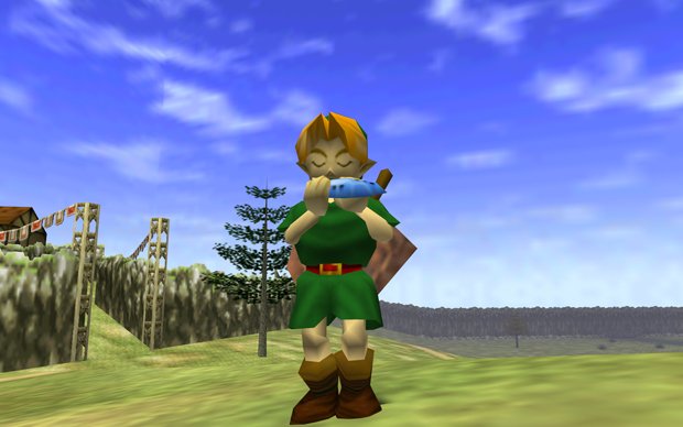 Personagem Link tocando a ocarina no jogo “The Legend of Zelda: Ocarina of Time”.