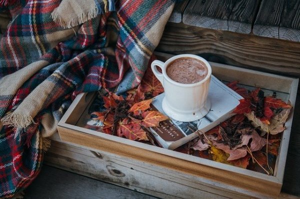 Pixabay/Pexels Caneca de chocolate quente em cima de livro