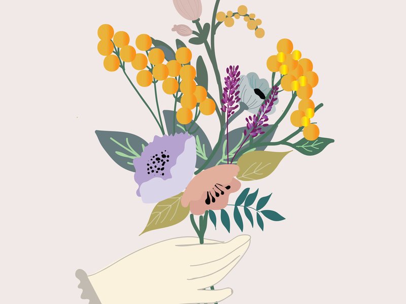 Ilustração de uma mão segurando flores.